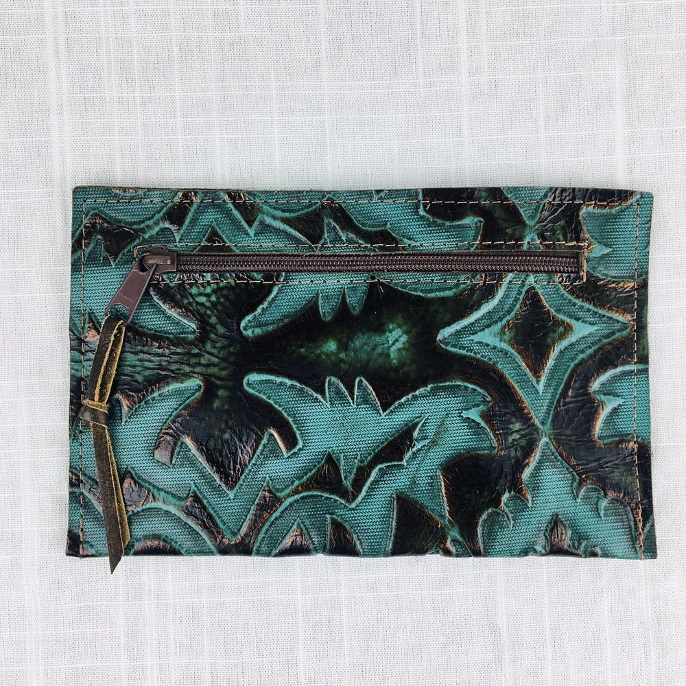 Turquoise Tooled Leather Wallet Large Pocket Credit Cards Clutch BOHO Custom NEW